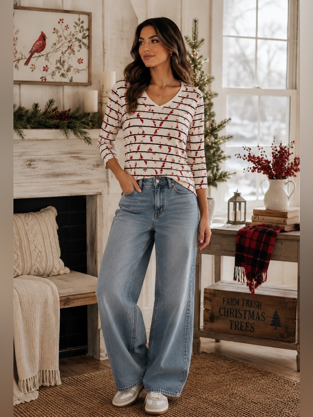Kim Rogers 3X Cardinal Bird Print Top Red White Holiday Christmas Cottagecore